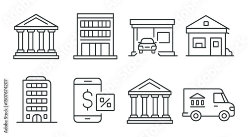 Bank and finance outline icons set – financial, money, building symbols for design