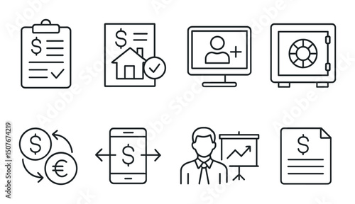 Bank services outline icons set – finance, money management and transaction symbols