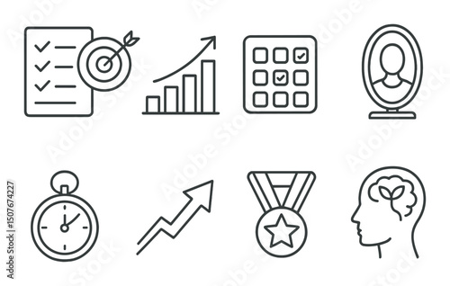 Goal progress outline icons set – achievement, success, and performance tracking symbols