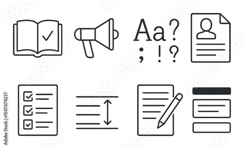 Writing and editing outline icons set – silhouette, composition and grammar symbols