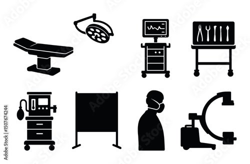 Operating room silhouette icons set – medical, healthcare and surgery tools graphics
