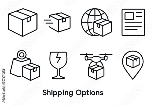 Shipping and logistics outline icons set – packaging, delivery and transport essentials