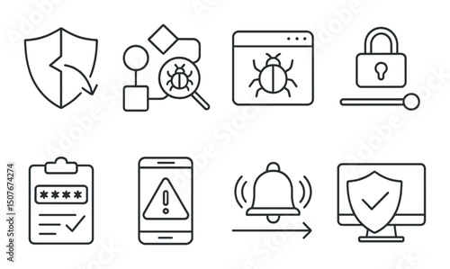 Cybersecurity protocol linear icons set – protection, network security and data privacy symbols