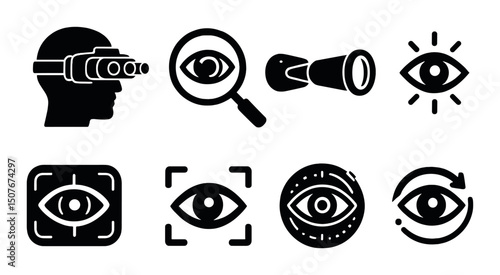Vision enhancement silhouette icons set – explore, focus, and sight technology symbols
