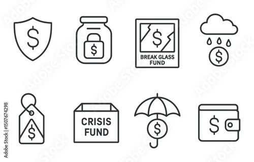 Emergency savings outline icons set – crisis, financial safety and secure funds symbols