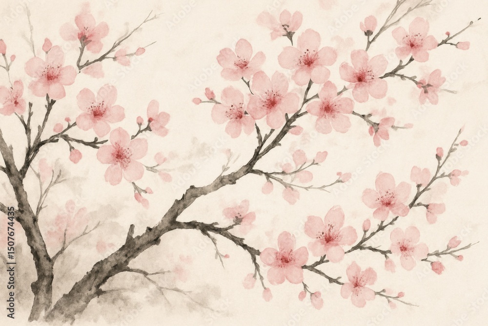 Delicate Pink Sakura Cherry Blossom Branches in Traditional Japanese Ink Painting Style Springtime Floral Art Delicate Pink Sakura Cherry Blossom Branches in Traditional Japanese Ink Painting Style Springtime Floral Art
