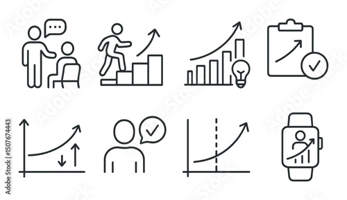 Performance coaching silhouette icons set – growth, development, success symbols