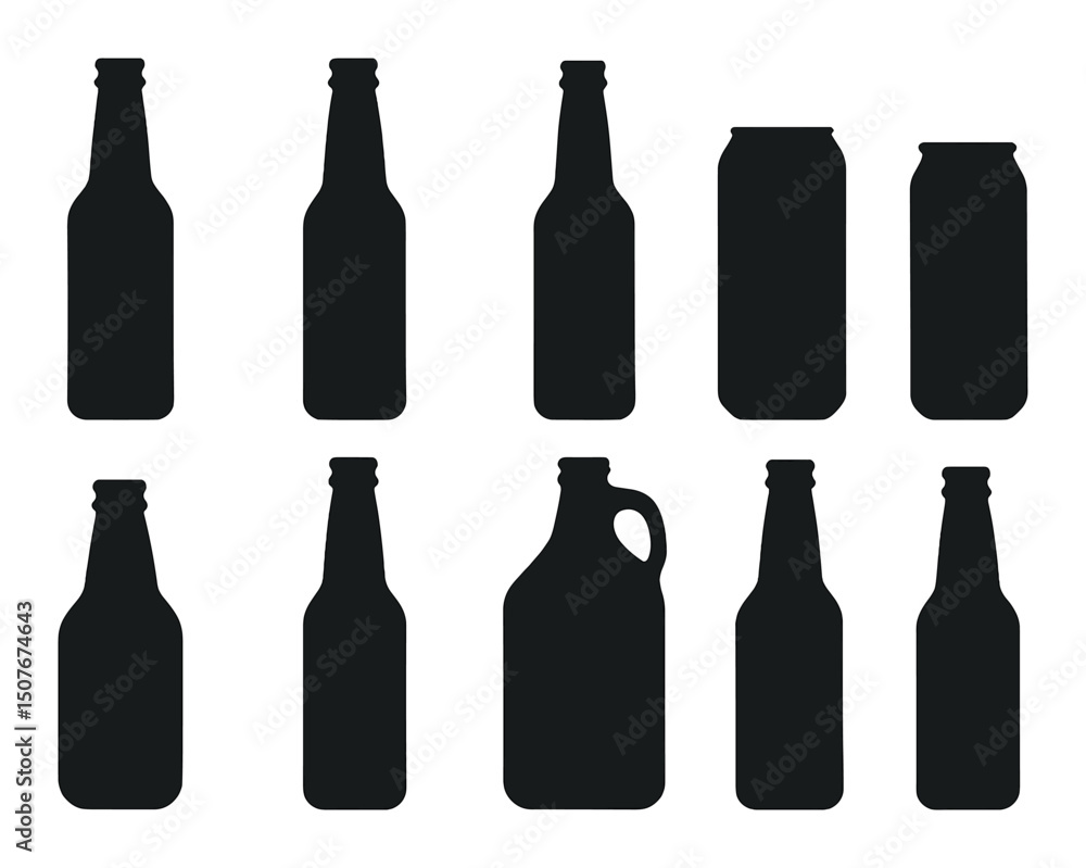 Beer bottles silhouette icons set – outline, brewing and beverage container symbols Beer bottles silhouette icons set – outline, brewing and beverage container symbols