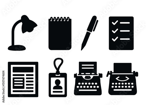 Editorial tools silhouette icons set – simple, writing and office essentials