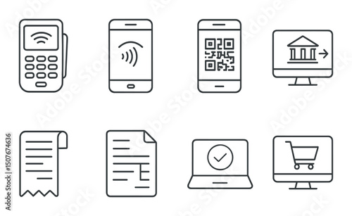 Digital payment outline icons set – banking, transaction and ecommerce symbols