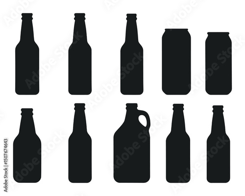 Beer bottles silhouette icons set – outline, brewing and beverage container symbols