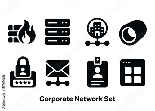 Corporate network silhouette icons set – connection, security, and communication symbols