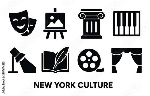 New york culture silhouette icons set – art, theater, and heritage symbols