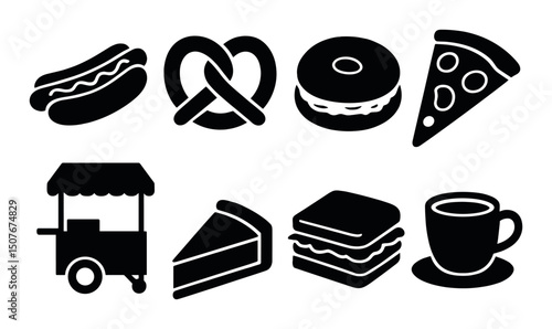 New york food silhouette icons set – outline, snacks and meal style symbols