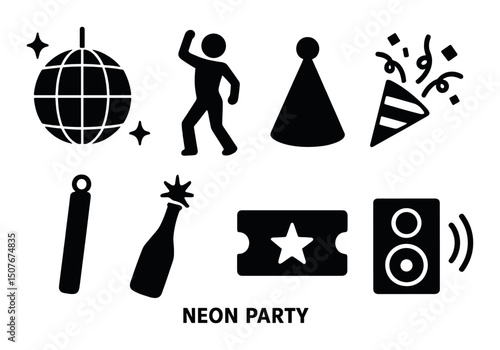 Neon party silhouette icons set – nightlife, celebration and dance event symbols