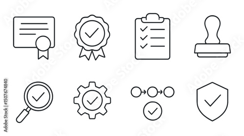 Quality assurance line icons set – certification, inspection, audit symbols