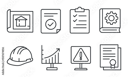 Construction and planning line icons set – blueprint, standards, and building symbols