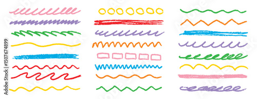 Chalk lines kids strips, brush sketch pencil underlines. Highlight strokes doodle set. Grunge colorful hand drawn highlight strokes