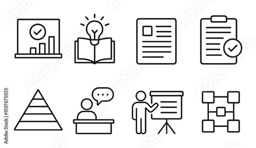 Educational methodology icons set – outline, teaching, learning strategies symbols