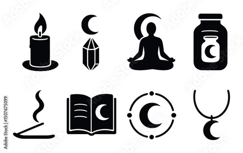 Moon ritual icons set - silhouette, mystical and spiritual symbols collection