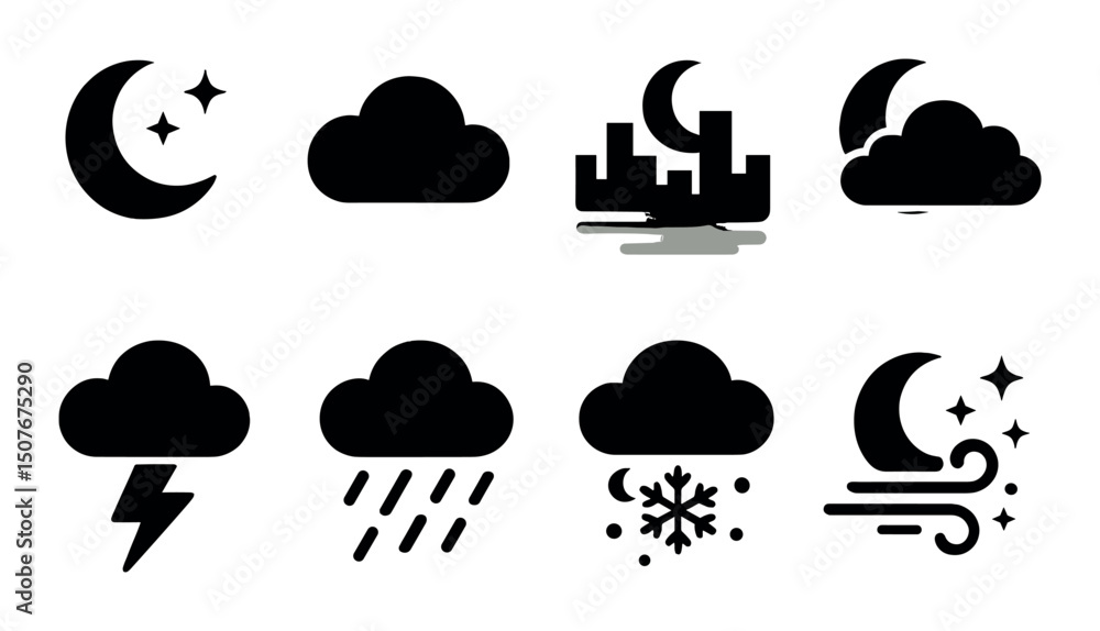 Nighttime weather silhouette icons set – minimal, dark sky and atmospheric symbols Nighttime weather silhouette icons set – minimal, dark sky and atmospheric symbols