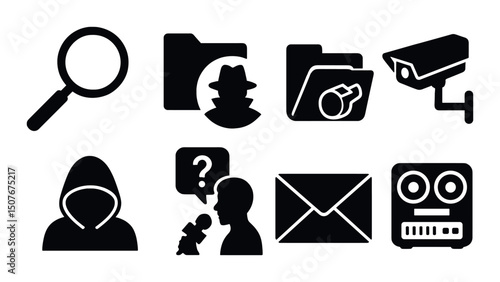 Investigative journalism silhouette icons set – mystery, reporting, news symbols