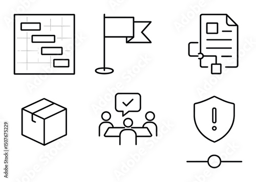 Project management linear icons set – outline, planning and task tracking elements