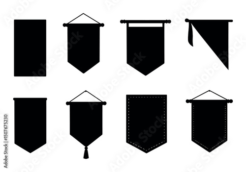 Cloth banners silhouette icons set – simple, wall hangings and fabric decoration