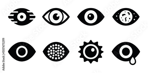 Eye disorders icons set in silhouette style – simple, ophthalmology health symbols