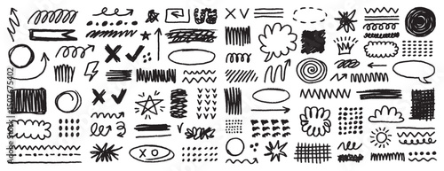 line hand drawn brush vector element doodle set. Grunge abstract chalk spiral, arrows element scribble line brush hand drawn sketch design.