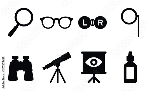 Eye examination silhouette icons set – vision, tools and healthcare symbols