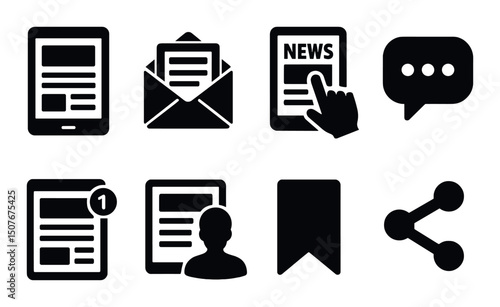 Digital news silhouette icons set - media, communication and information symbols