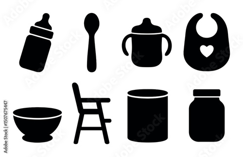 Baby feeding essentials silhouette icons set – newborn, infant care and nourishment symbols