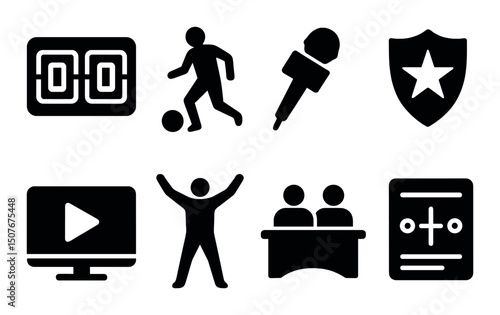 Sports and news silhouette icons set – simple, athletic and broadcasting symbols