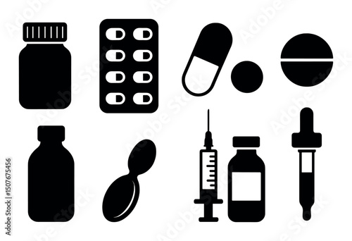 Medication silhouette icons set – simple, healthcare and drug related symbols