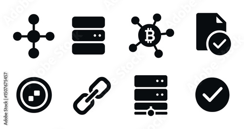 Blockchain network icons set – silhouette, decentralized and digital currency symbols