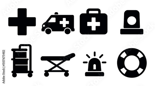Emergency icons set: silhouette style for crisis, safety and response visuals