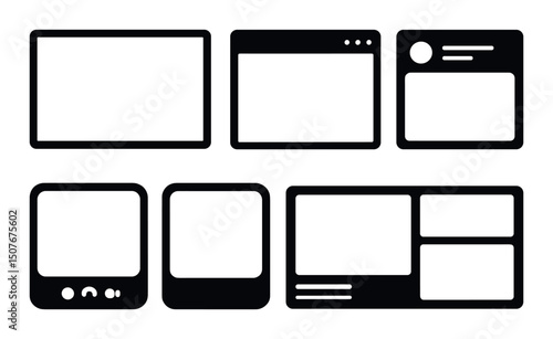 Digital frame silhouette icons set – simple, web, and graphic design elements