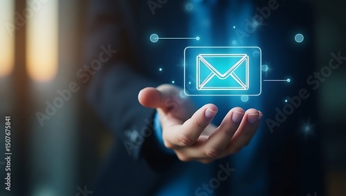 Holographic email icon floating above a person's outstretched hand