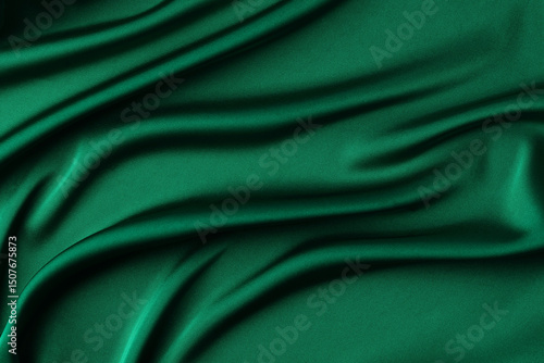 Abstract dark emerald green background. Green silk satin fabric with soft wavy folds. Elegant background with space for text. Christmas or New Year table