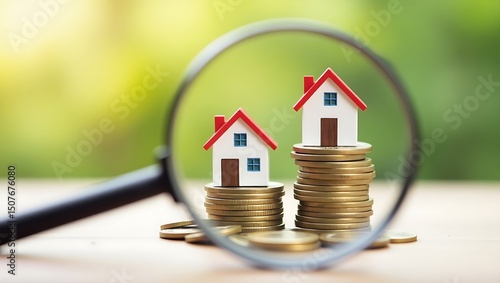 Miniature houses on coins under the magnifying glass, concept finance estate