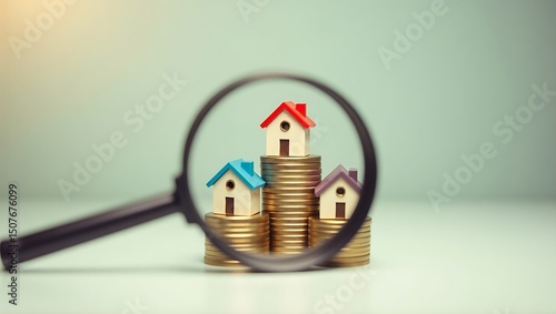 Magnifying Glass Inspecting Toy Houses Stacked on Coins Symbolizing Property Investment