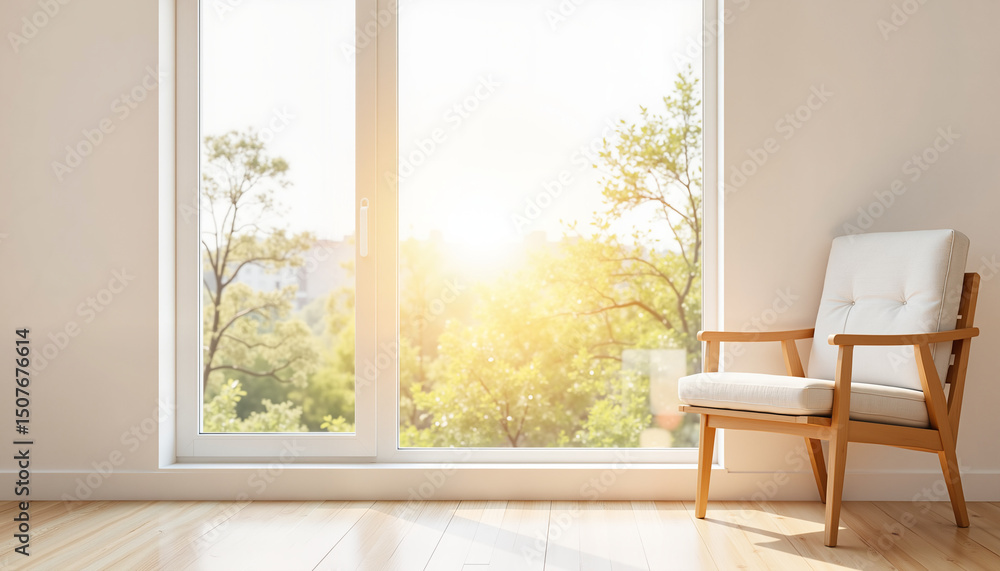 Fototapeta premium Minimalist interior with wooden chair and sunlight streaming in 
