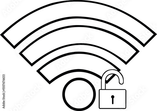 vector illustration drawing black and white icon padlock and wifi signal, in wi-fi internet free concept