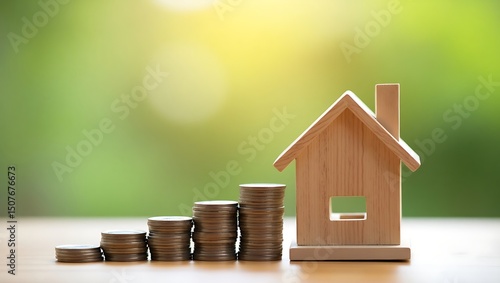 Concept of investment growth with a wooden house model and stacked coins