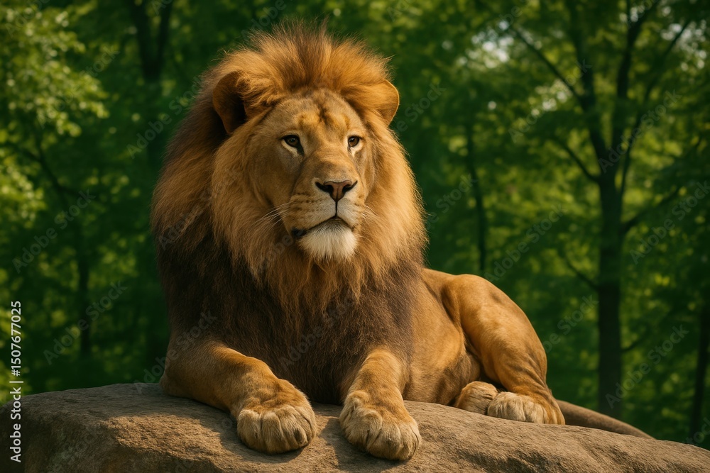 Obraz premium Majestic Lion Sits on Rock Surrounded by Green Trees Concept of Majestic and Nature