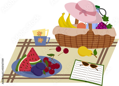 Picnic in nature. There is a basket with food on the blanket. A plate with fruits - watermelon, cherry and plum. Apples and juice. Cutlery for eating. Cups for water. A book and a sunhat. Summer