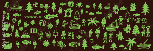 Set of minimalistic icons on theme of lake vacation - ball, sun, trees, boats, children, beavers, bears, ice cream, beach chair, fish, beer, river