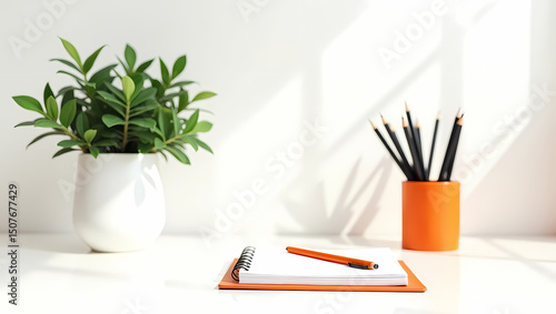 Wallpaper Mural Workspace Still Life Plant Notebook and Pencils for Creative Projects Torontodigital.ca