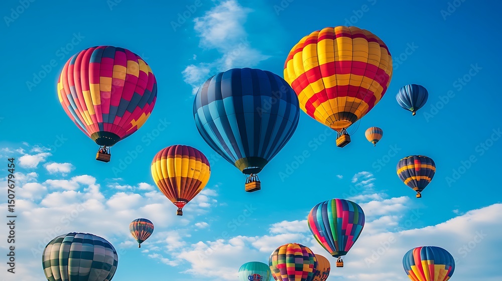 Obraz premium Colorful hot air balloons float against a vibrant blue sky.